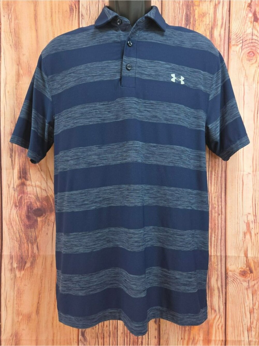Under Armour Mens HeatGear Navy Blue Striped Polo Medium Loose Fit
